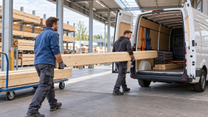 Möbeltaxi Augsburg holt lange Holzbretter aus dem Baumarkt ab