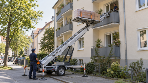 Möbeltaxi Augsburg setzt einen Möbelaufzug an einem Mehrfamilienhaus ein