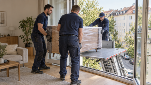 Möbeltaxi Augsburg stellt ein Möbelstück aus der Wohnung auf den Möbellift