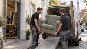 Möbeltaxi Augsburg lädt einen frisch gepolsterten Sessel in den Transporter