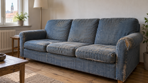 Verschlissenes Sofa vor der Aufarbeitung durch eine Polsterei in Augsburg
