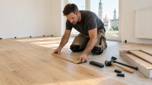 Verlegung eines neuen Parkettbodens in einer Wohnung in Augsburg