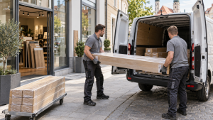Möbeltaxi Augsburg lädt Parkett- und Laminatpakete in einen Transporter