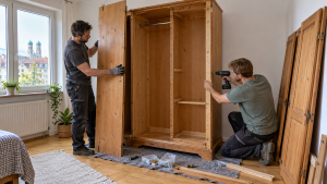 Zwei Helfer zerlegen einen Schrank für die Entsorgung in Augsburg